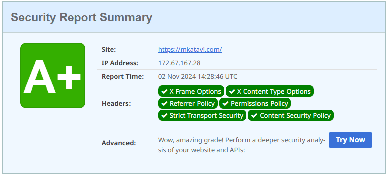 Score A+ Di HTTP Security Headers